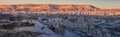 Panorama of Goreme National Park and the Rock Sites of Cappadocia, volcanic landscape UNESCO World Heritage site. Turkey sunset Royalty Free Stock Photo