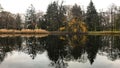 Panorama of a gorgeous forest in autumn. Tranquil landscape at a lake. Forest reflection in the lake. Beautiful landscape