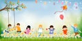 Panorama grass field with group of children playing kite, swing, balloon and picking flower on sunny day summer,Vector cute Royalty Free Stock Photo