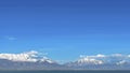 Panorama Grassy terrain with view of lake and snowy mountain under blue sky on sunny day