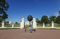 Panorama of the Great Menshikov Palace with a monument to Alexander Danilovich Menshikov, the founder of the estate `Oranienbaum