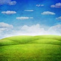 Panorama of green field with cloudy sky background