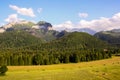 Panorama from green high tatra beskids mountains with lake and waterfalls