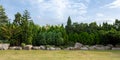 Panorama of green tree and bush with rock decoration in public park garden and blue sky. Royalty Free Stock Photo