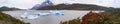 Panorama of Grey Glacier on Grey Lake with blooming fire bushes.