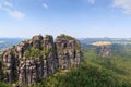 Panorama with Group of rocks Schrammsteine and Falkenstein seen from viewing point in Saxon Switzerland