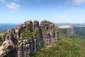 Panorama with Group of rocks Schrammsteine and Falkenstein seen from viewing point in Saxon Switzerland