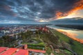 Panorama of Grudziadz city from Klimek tower at sunset, Poland