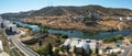 Panorama of Guadiana river with the kayak and canoe station on the riverbank. Mertola. Portugal Royalty Free Stock Photo