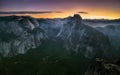 Panorama with Half Dome and Yosemite Valley and morning mist on walleys and hills during morning in Yosemite National Park Royalty Free Stock Photo