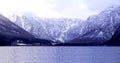 Panorama of Hallstatt lake outdoor with snow mountain background blue tone in Austria in Austrian alps