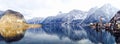 Panorama of Hallstatt lake and snow mountain