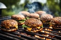 Panorama of hamburgers cooking on a grill outside