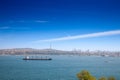 Panorama of Haydarpasa port with its cargo terminal and a supertanker ship, a large boat, sailing on the bosphorus strait in Royalty Free Stock Photo