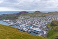 Panorama of Heimaey island with Eldfell and Helgafell volcanos, Iceland