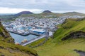 Panorama of Heimaey island with Eldfell and Helgafell volcanos, Iceland