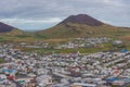 Panorama of Heimaey island with Eldfell and Helgafell volcanos, Iceland Royalty Free Stock Photo