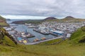 Panorama of Heimaey island with Eldfell and Helgafell volcanos, Iceland