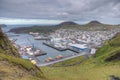 Panorama of Heimaey island with Eldfell and Helgafell volcanos, Iceland