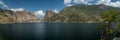 Panorama of Hetch Hetchy with Kolana Rock and Smith Peak Royalty Free Stock Photo