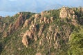 panorama of high clay-colored mountains surrounded by  green for Royalty Free Stock Photo