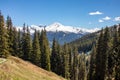 Panorama of high partly snowy mountains at blue sky