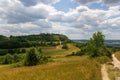 Panorama with hill Rodenstein and footpath seen from mountain Walberla in Franconian Switzerland, Germany