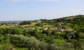 panorama of the hills with few houses and cultivated fields and