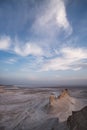 Panorama of hills and ridges with limestone and chalk slopes in the Kazakh steppe in the evening at sunset