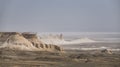 Panorama of hills and ridges with limestone and chalk slopes in the Kazakh steppe