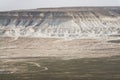 Panorama of hills and ridges with limestone and chalk slopes in the Kazakh steppe