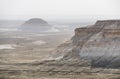 Panorama of hills and ridges with limestone and chalk slopes in the Kazakh steppe