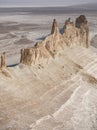 Panorama of hills and ridges with limestone and chalk slopes in the Kazakh steppe