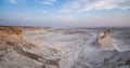 Panorama of hills and ridges with limestone and chalk slopes in the Kazakh steppe