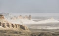 Panorama of hills and ridges with limestone and chalk slopes in the Kazakh steppe