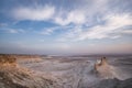 Panorama of hills and ridges with limestone and chalk slopes in the Kazakh steppe