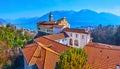 Panorama of Madonna del Sasso Sanctuary and Lake Maggiore, Orselina, Switzerland Royalty Free Stock Photo