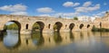 Panorama of the historic roman bridge Puente Romana over the Guadiana river in Merida Royalty Free Stock Photo