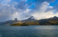 Panorama of Holanda glacier by Beagle channel with rainbow Royalty Free Stock Photo