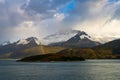 Panorama of Holanda glacier by Beagle channel with rainbow Royalty Free Stock Photo