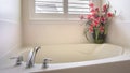 Panorama Home bathroom with a bathtub installed in front of the window with blinds