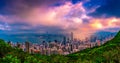 Panorama Hong Kong City skyline at sunrise. Hongkong skyscraper view from The peak Royalty Free Stock Photo
