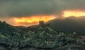 Panorama, horizontal eerie burning view of Crimean mountains wit Royalty Free Stock Photo