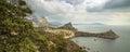 Panorama, horizontal view of bay, Crimean mountains with rocky c Royalty Free Stock Photo