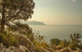 Panorama, horizontal view of bay, Crimean mountains with rocky c Royalty Free Stock Photo