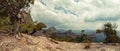 Panorama, horizontal view of bay, white clouds, Crimean mountain Royalty Free Stock Photo