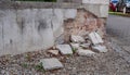 Panorama house wall with building damage in the wall plaster