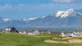 Panorama Houses on a grassy hill with scenic view of a lake and blue sky with clouds