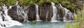 Panorama of Hraunfossar waterfall cascade in Iceland Royalty Free Stock Photo