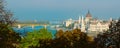 Panorama with Hungarian Parliament building and Danube river at sunset, Budapest, Hungary Royalty Free Stock Photo